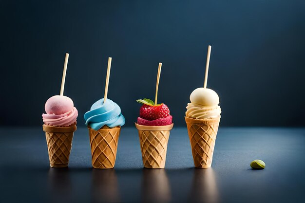 A row of ice cream cones with one that has a strawberries on it