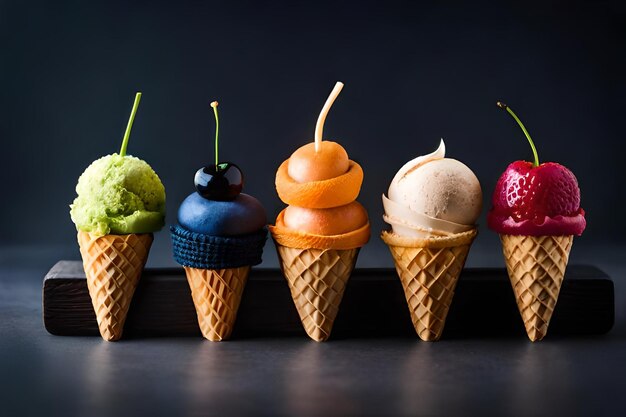 Foto una fila di coni di gelato con uno che dice kiwi su di esso