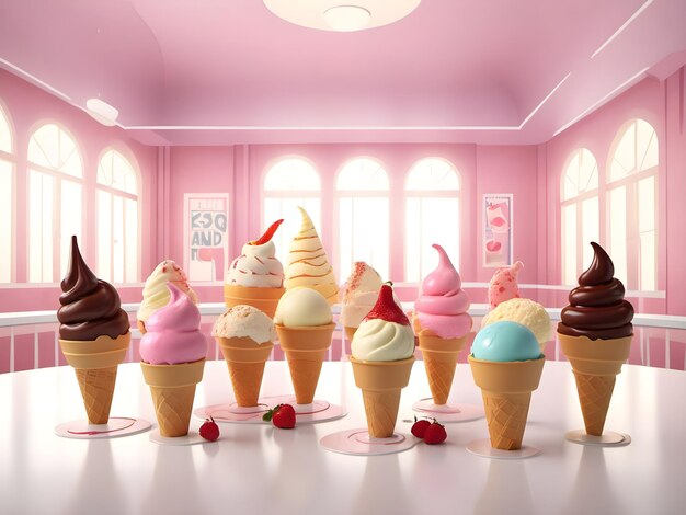 Photo a row of ice cream cones with a pink background.