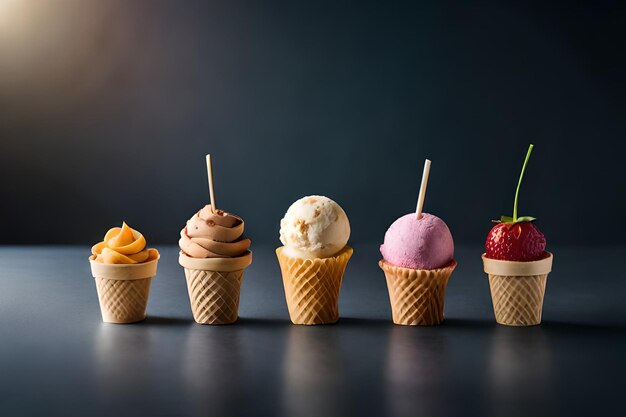 A row of ice cream cones with a strawberries on top