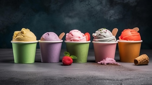 A row of ice creams with different flavors on them
