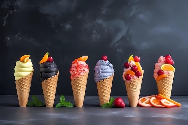 A row of ice creams with different flavors on them