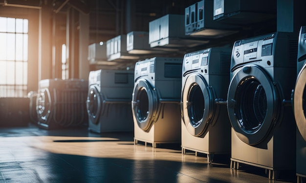 A row of industrial laundry machines
