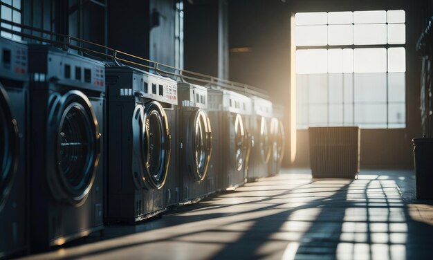 A row of industrial laundry machines