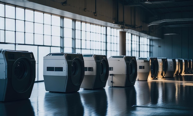 A row of industrial laundry machines