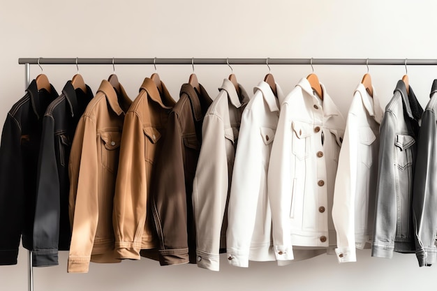 A row of jackets on a rack with one that says'the brand '