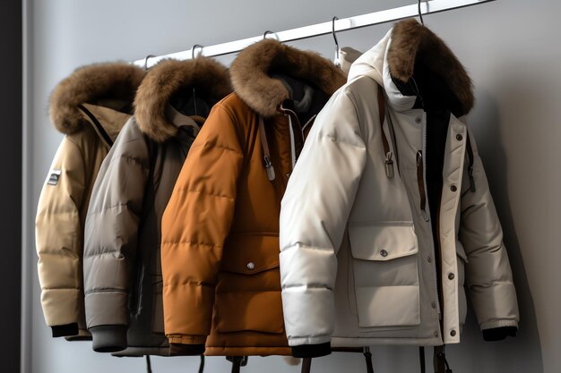 A row of jackets with fur on them, one of which is a fur lined jacket.