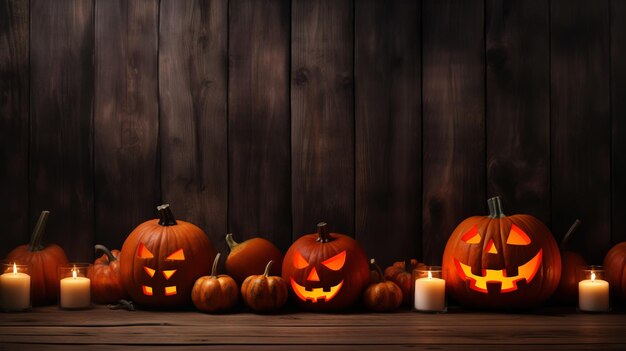 Photo row of jackolantern pumpkins and candles on wooden table halloween background generative ai