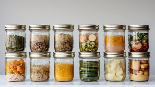 a row of jars filled with different types of food