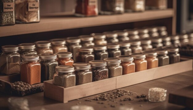 A row of jars filled with organic herbs and spices generated by AI