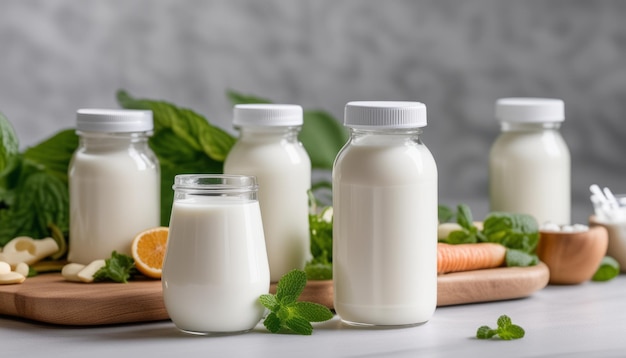 Photo a row of jars of milk on a table