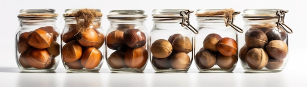 A row of jars with nuts on them