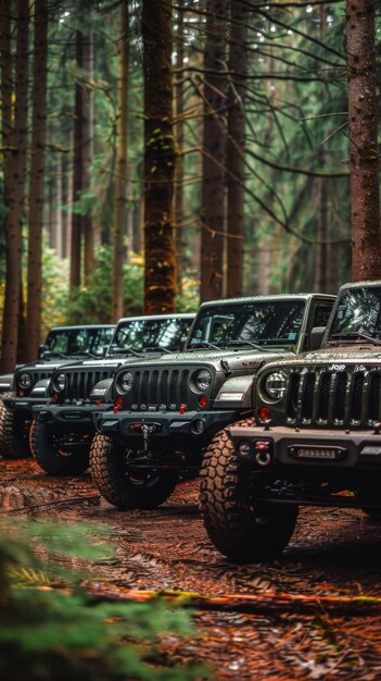 Foto una fila di jeep wranglers parcheggiati nei boschi.