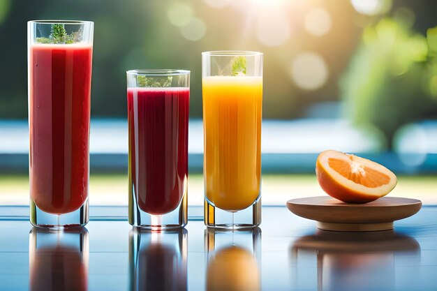 A row of juices with fruits and vegetables on a table