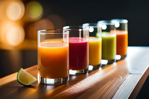 A row of juices with a glass full of juice