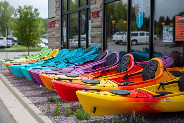 A row of kayaks sitting next to a building on a street corner in front of a store front summer