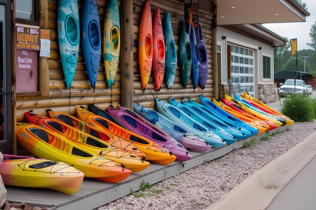 A row of kayaks sitting next to a building with a sign on it that says kayaks on the side of the