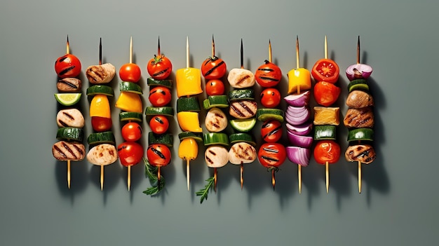 A row of kebabs with vegetables on them