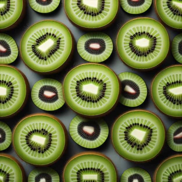 A row of kiwi slices with a red dot on the center.