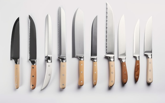 A row of knives isolated on white background chefs tools kitchen knives set ai generated