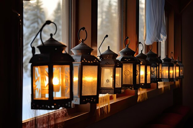 A row of lanterns shining through a frosty or misty window pane