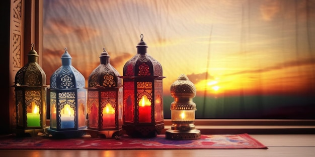 A row of lanterns with the words ramadan on the bottom left.