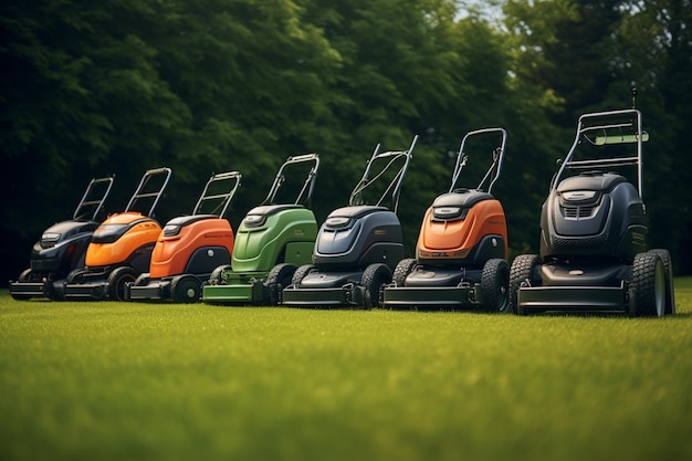 Photo a row of lawn mowers generative ai