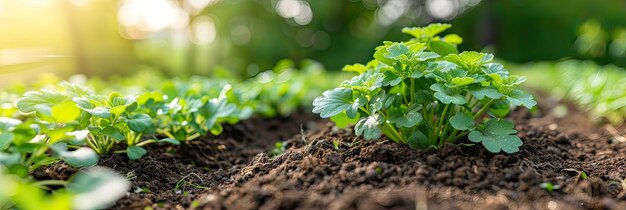 Row of leaf vegetables and flowering plants growing in garden soil