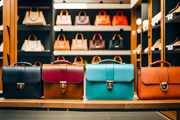 A row of leather bags on display in a store.