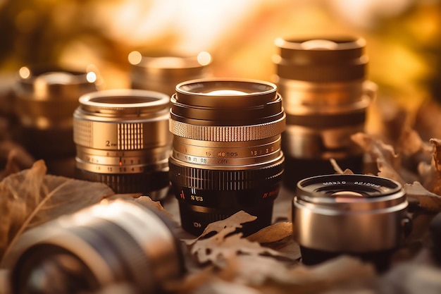 row of lenses on a table with the word canon on the top