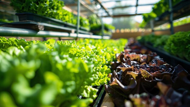 他の野菜と一緒に温室でレタスの列 農業温室の風景の背景