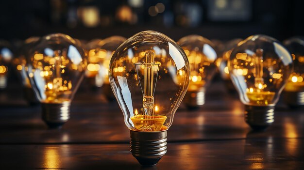 A row of light bulbs with a wooden table in the background.