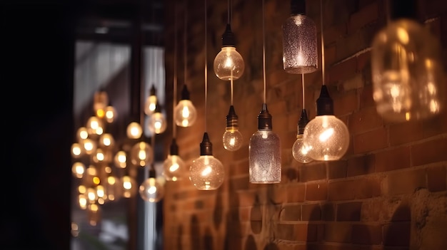 A row of lights hanging from a brick wall with a brick wall behind them.