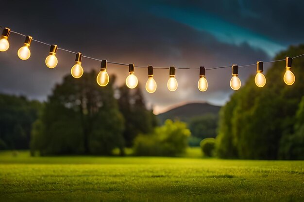 A row of lights hanging from a rope with a green field in the background