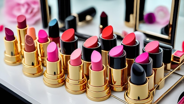 A row of lipsticks are lined up on a table.