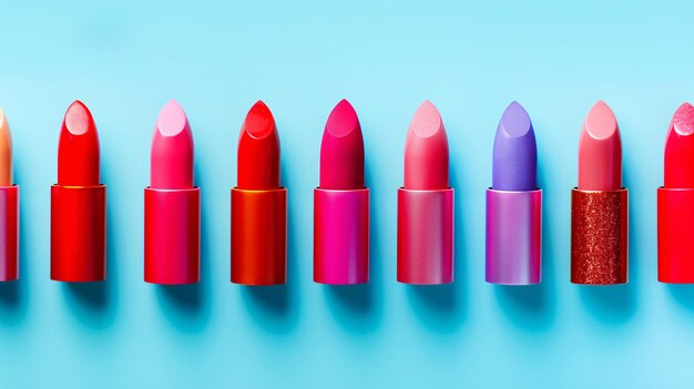 Photo a row of lipsticks on a blue background