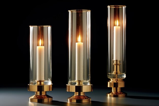 A row of lit candles sit on a table.