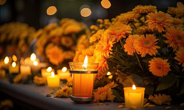 A row of lit candles sitting on top of a table