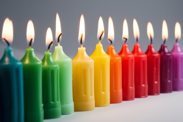 Photo a row of lit candles with the number 7 on the top.