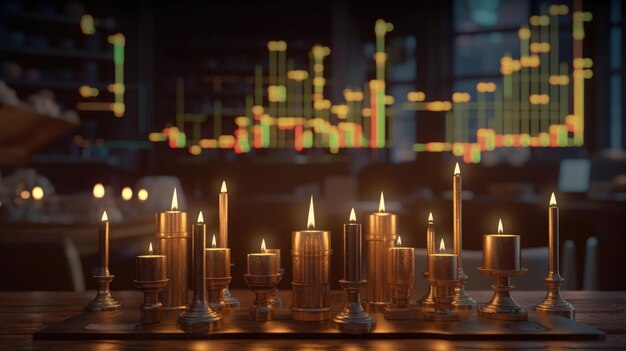 A row of lit candles with the stock market in the background