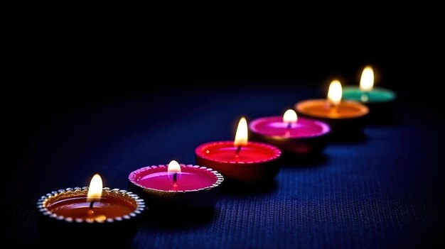 A row of lit candles with the word diwali on the bottom.