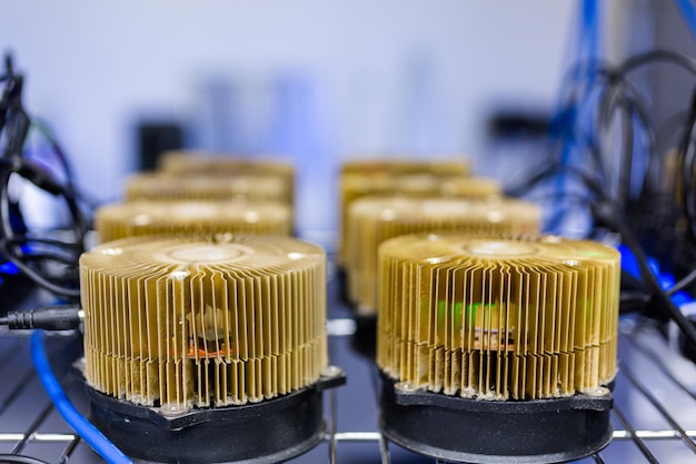 Row of litecoin miners set up on the wired shelfs.