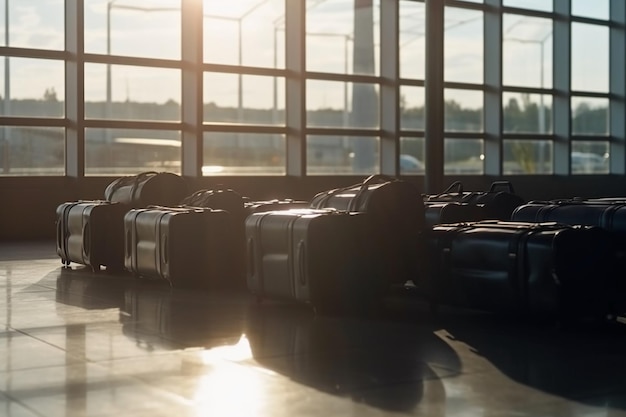 A row of luggage in a dark room with a window that says " i love you ".