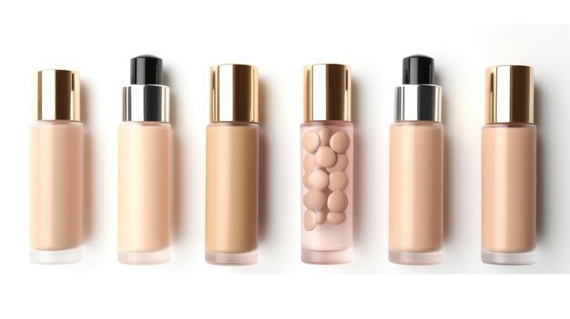 A row of makeup bottles with the word " make up " on the top.