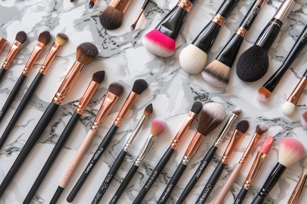 A row of makeup brushes are lined up on a marble countertop