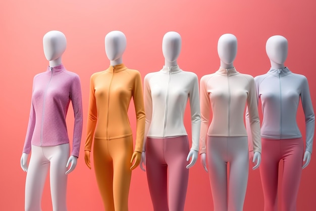 Photo a row of mannequins with one wearing a pink shirt and one wearing a pink shirt.