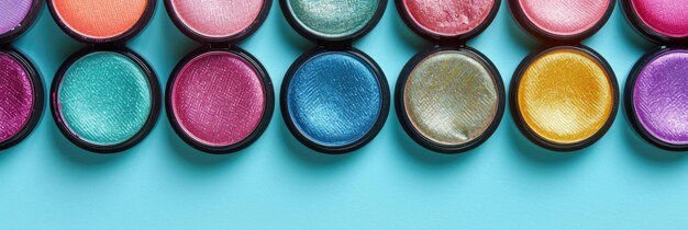 Photo a row of many shining multicolored eye shadows a blue background a horizontal banner for makeup a poster for beauty and cosmetology a place for text