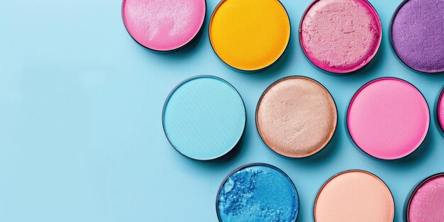 Photo a row of many shining multicolored eye shadows a blue background a horizontal banner for makeup a poster for beauty and cosmetology a place for text