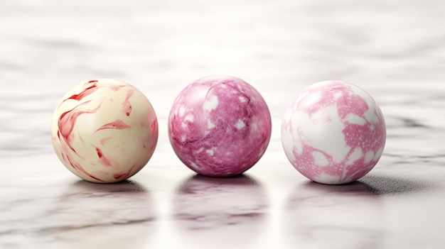 A row of marbles with pink and white swirls on them.