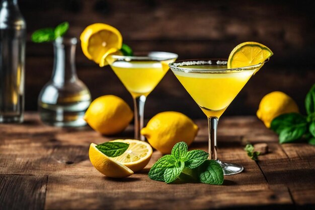 a row of martini glasses with lemons and mint leaves on a wooden table